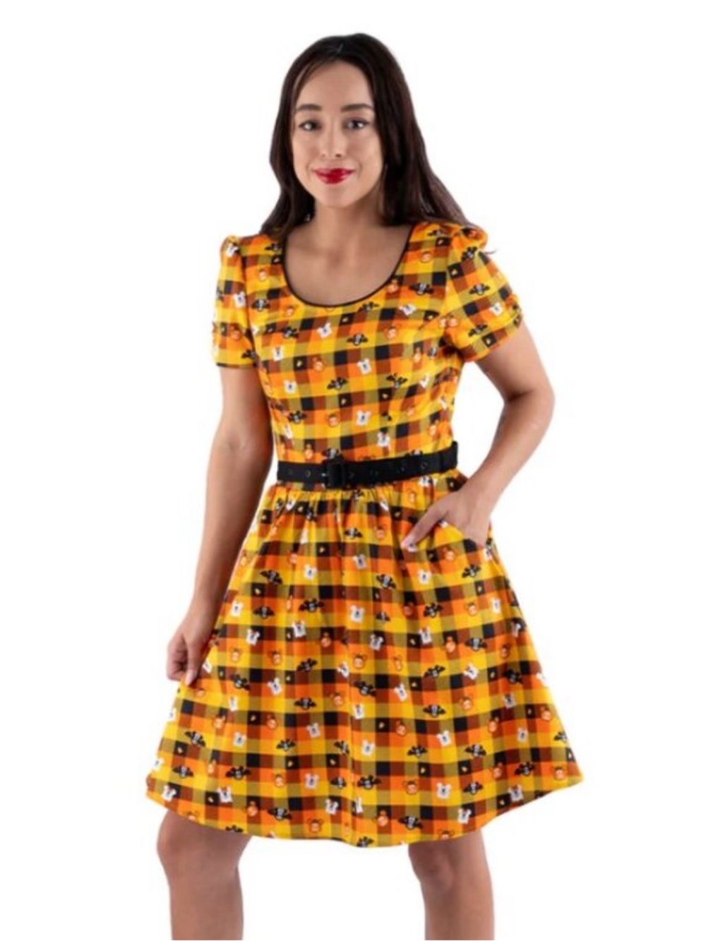 Loungefly candy corn Plaid Dress w/ Mickey ghosts, bats & pumpkins & black trim